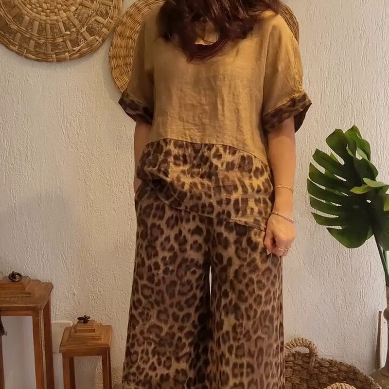 Stilvolles zweiteiliges Set mit kurzärmligem Patchwork-Oberteil und Hose mit weitem Bein