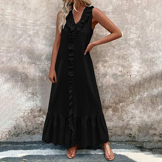 Lässiges, ärmelloses Maxikleid mit V-Ausschnitt und Rüschen für Damen