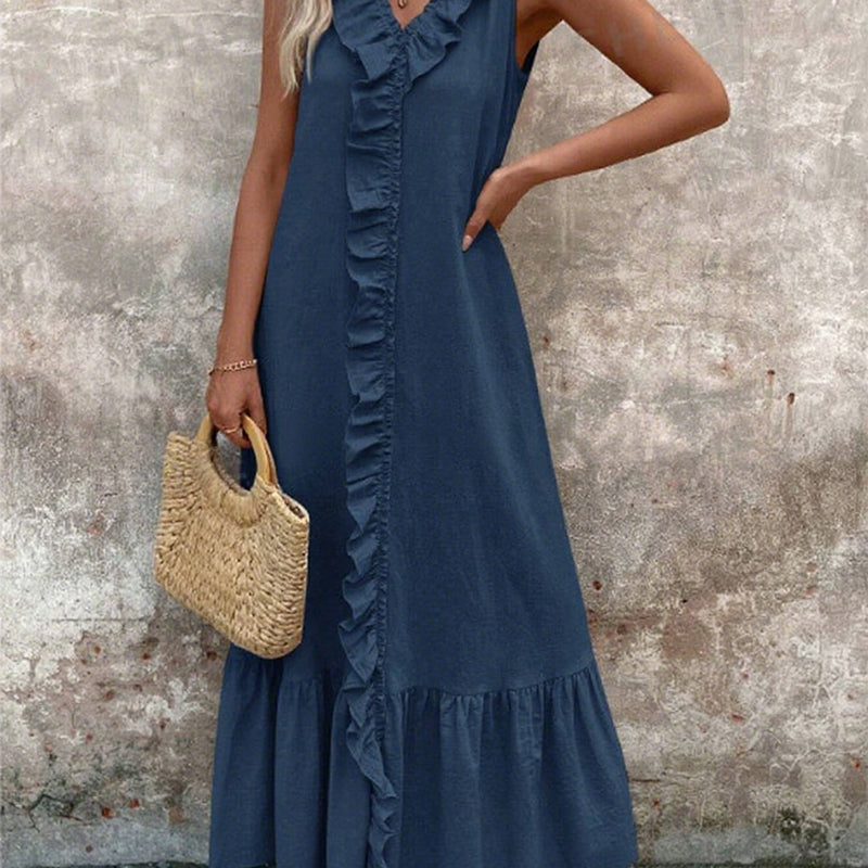 Lässiges, ärmelloses Maxikleid mit V-Ausschnitt und Rüschen für Damen