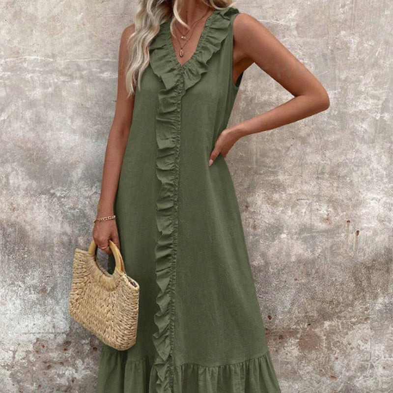 Lässiges, ärmelloses Maxikleid mit V-Ausschnitt und Rüschen für Damen