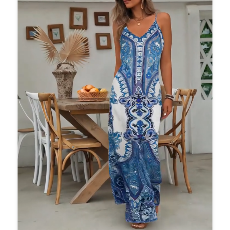 Ärmelloses Maxikleid mit V-Ausschnitt und Retro-Print für Damen