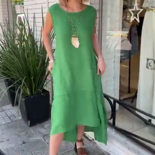 Lässiges, einfarbiges, ärmelloses, langes Kleid mit Rundhalsausschnitt für Damen