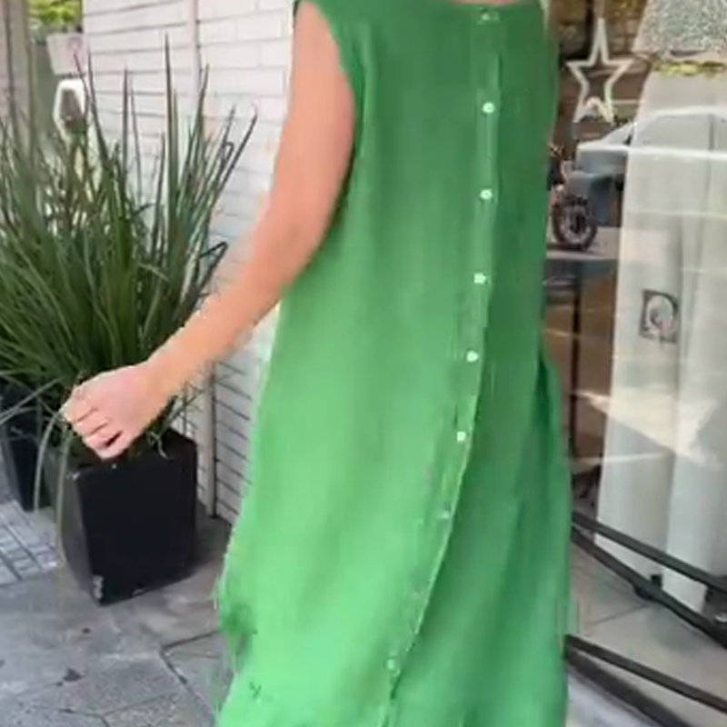 Lässiges, einfarbiges, ärmelloses, langes Kleid mit Rundhalsausschnitt für Damen