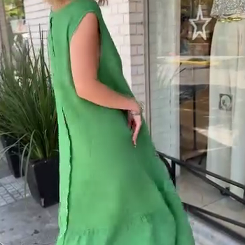 Lässiges, einfarbiges, ärmelloses, langes Kleid mit Rundhalsausschnitt für Damen