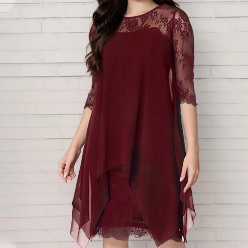 💕Damen elegantes Kleid mit Spitzenüberzug und asymmetrischem Saum