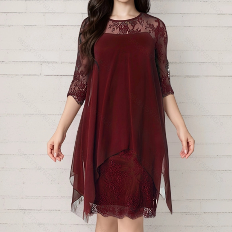 💕Damen elegantes Kleid mit Spitzenüberzug und asymmetrischem Saum
