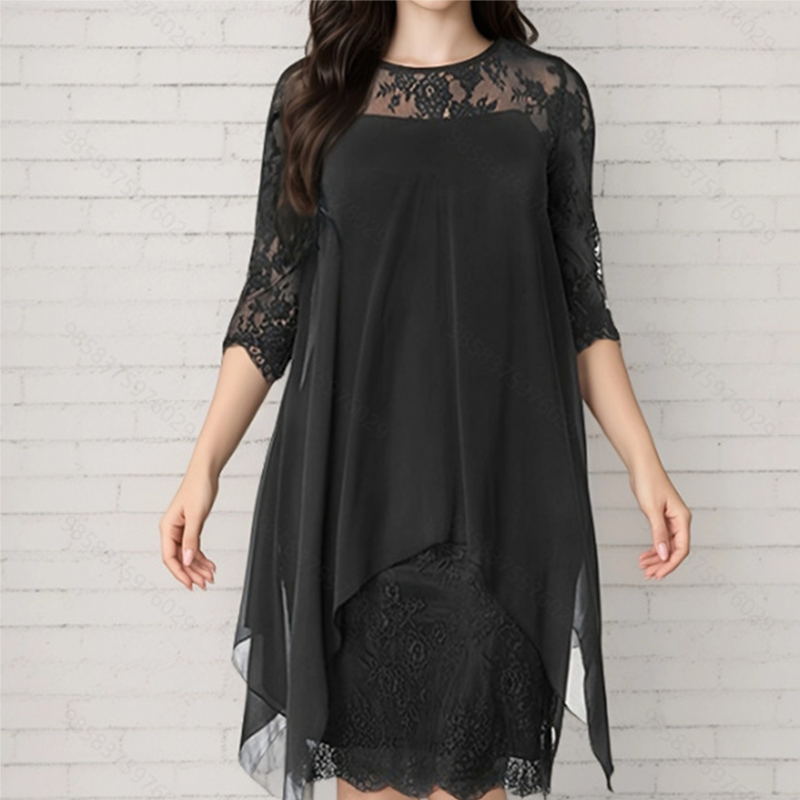 💕Damen elegantes Kleid mit Spitzenüberzug und asymmetrischem Saum