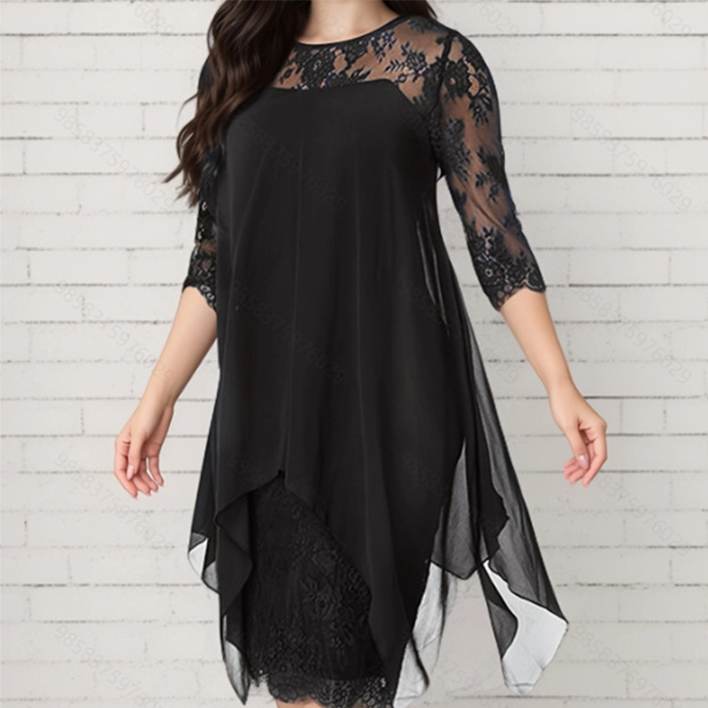 💕Damen elegantes Kleid mit Spitzenüberzug und asymmetrischem Saum