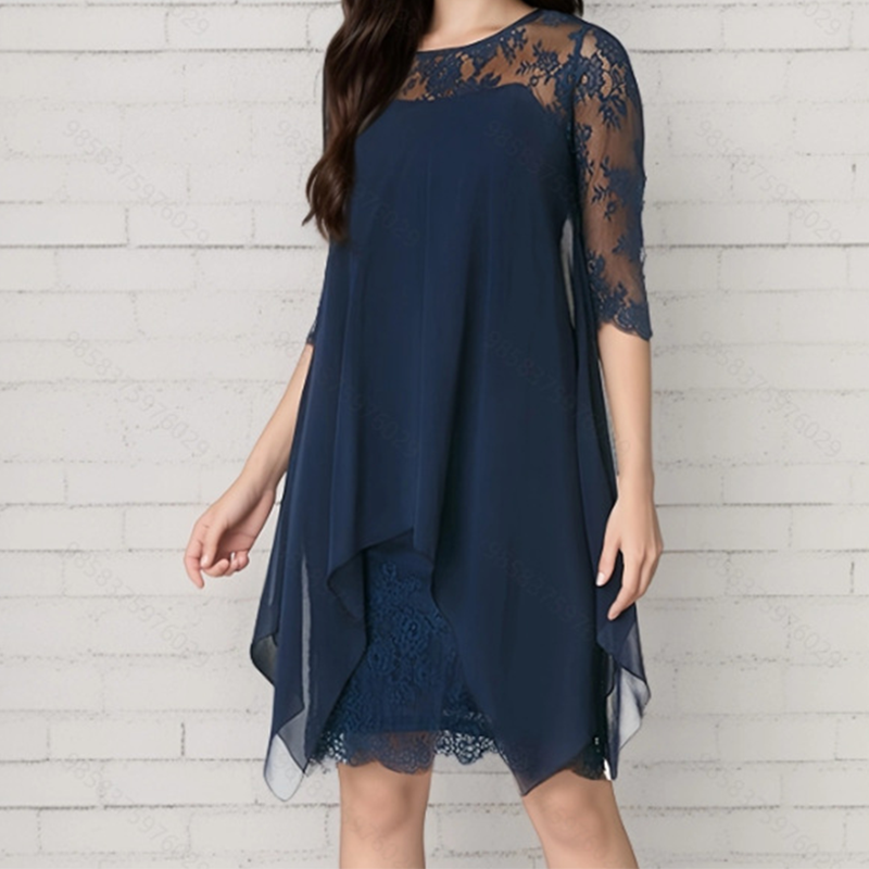 💕Damen elegantes Kleid mit Spitzenüberzug und asymmetrischem Saum