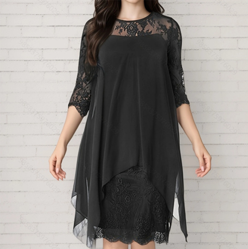 💕Damen elegantes Kleid mit Spitzenüberzug und asymmetrischem Saum