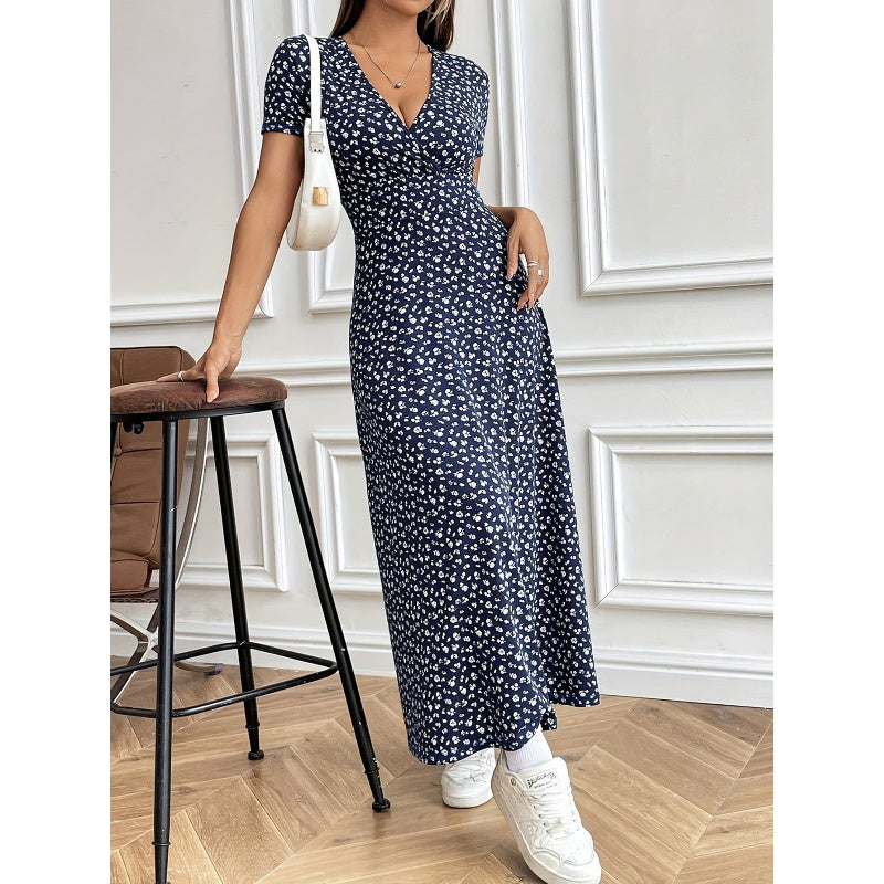 Lässiges Maxikleid mit V-Ausschnitt und Blumenmuster für Damen