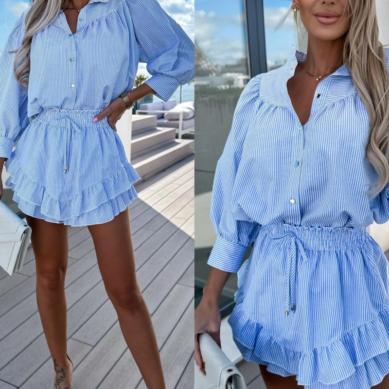 Damen-Set mit gestreiften Button-Down-Oberteilen und kurzen Röcken mit Revers