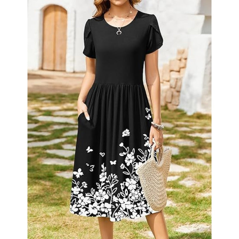 👗Elegantes Midikleid mit Rundhalsausschnitt und Taschen für Damen