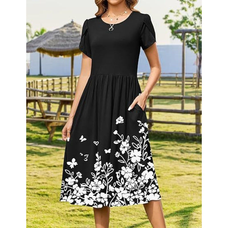👗Elegantes Midikleid mit Rundhalsausschnitt und Taschen für Damen