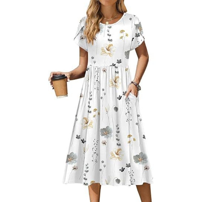 👗Elegantes Midikleid mit Rundhalsausschnitt und Taschen für Damen