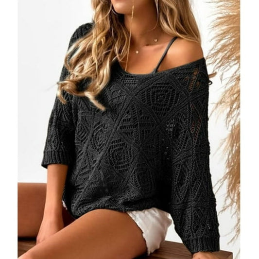 Damen Sommer Häkeln Durchbrochenes 3/4 Ärmel Pullover Strick Top
