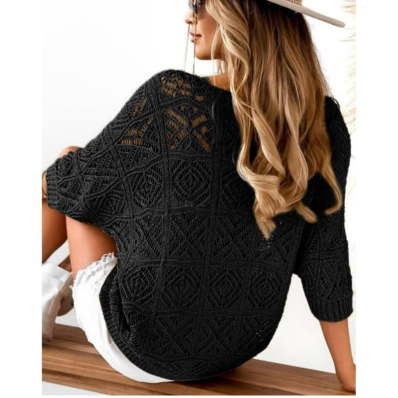 Damen Sommer Häkeln Durchbrochenes 3/4 Ärmel Pullover Strick Top