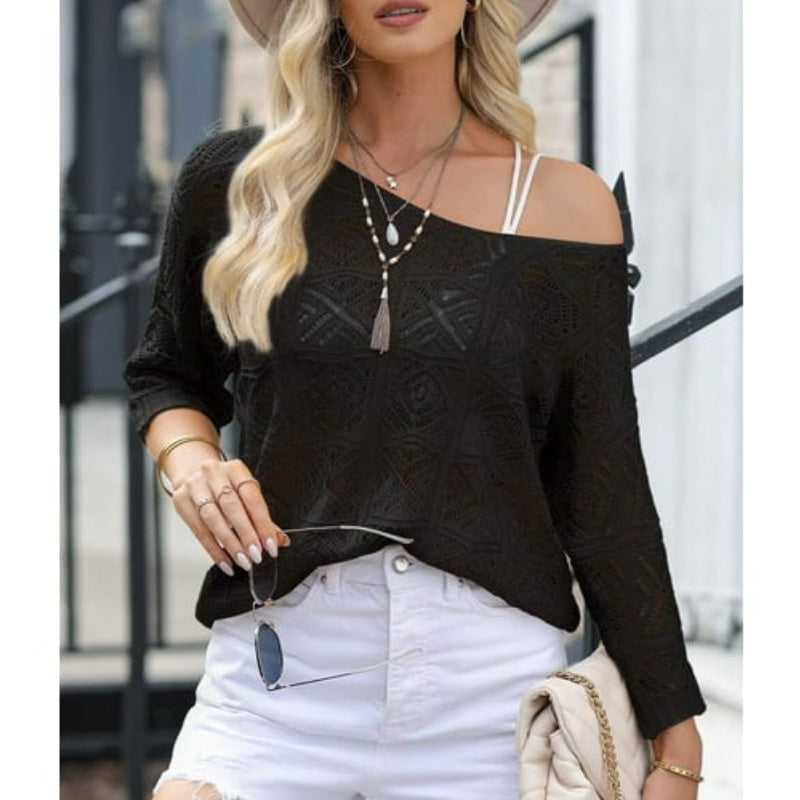 Damen Sommer Häkeln Durchbrochenes 3/4 Ärmel Pullover Strick Top