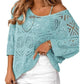 Damen Sommer Häkeln Durchbrochenes 3/4 Ärmel Pullover Strick Top
