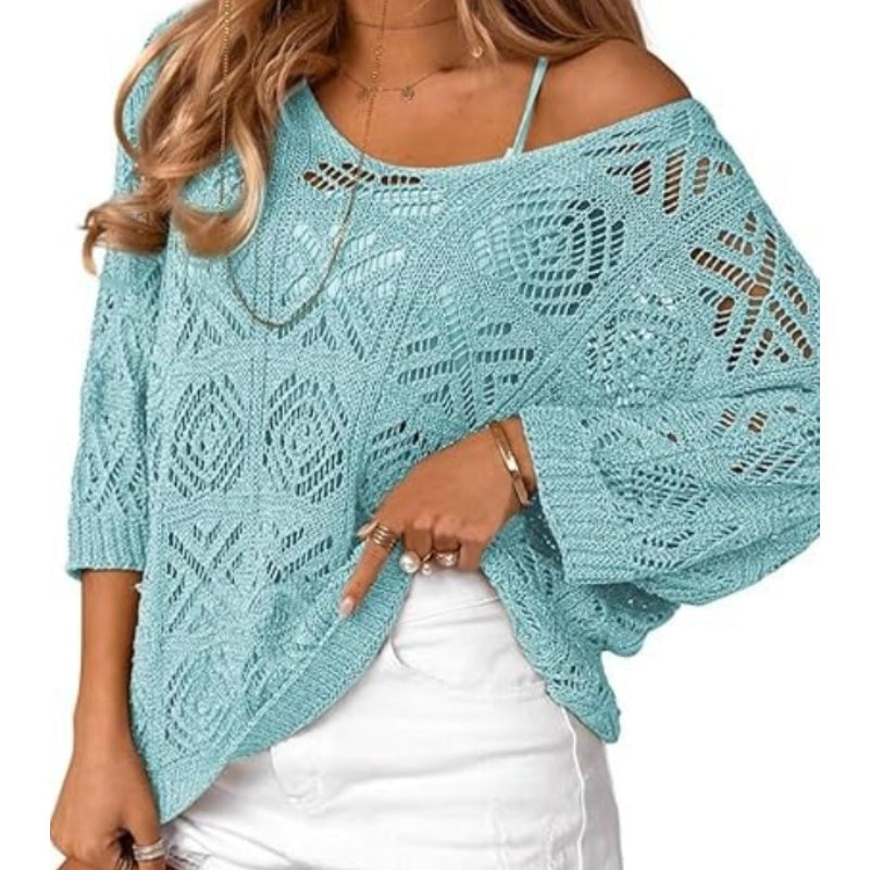Damen Sommer Häkeln Durchbrochenes 3/4 Ärmel Pullover Strick Top