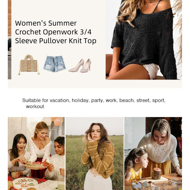 Damen Sommer Häkeln Durchbrochenes 3/4 Ärmel Pullover Strick Top