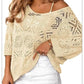 Damen Sommer Häkeln Durchbrochenes 3/4 Ärmel Pullover Strick Top