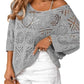 Damen Sommer Häkeln Durchbrochenes 3/4 Ärmel Pullover Strick Top