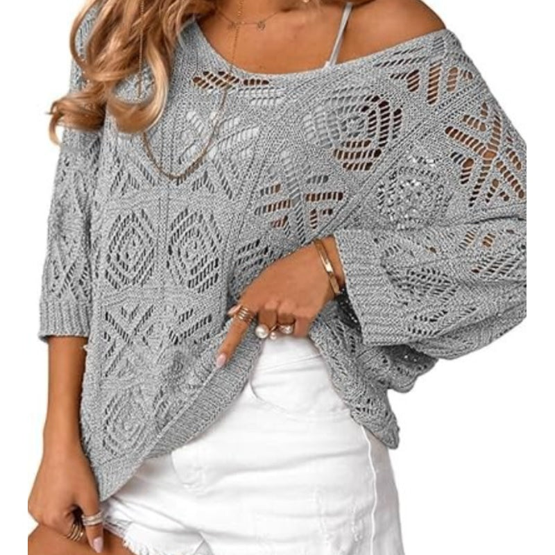 Damen Sommer Häkeln Durchbrochenes 3/4 Ärmel Pullover Strick Top