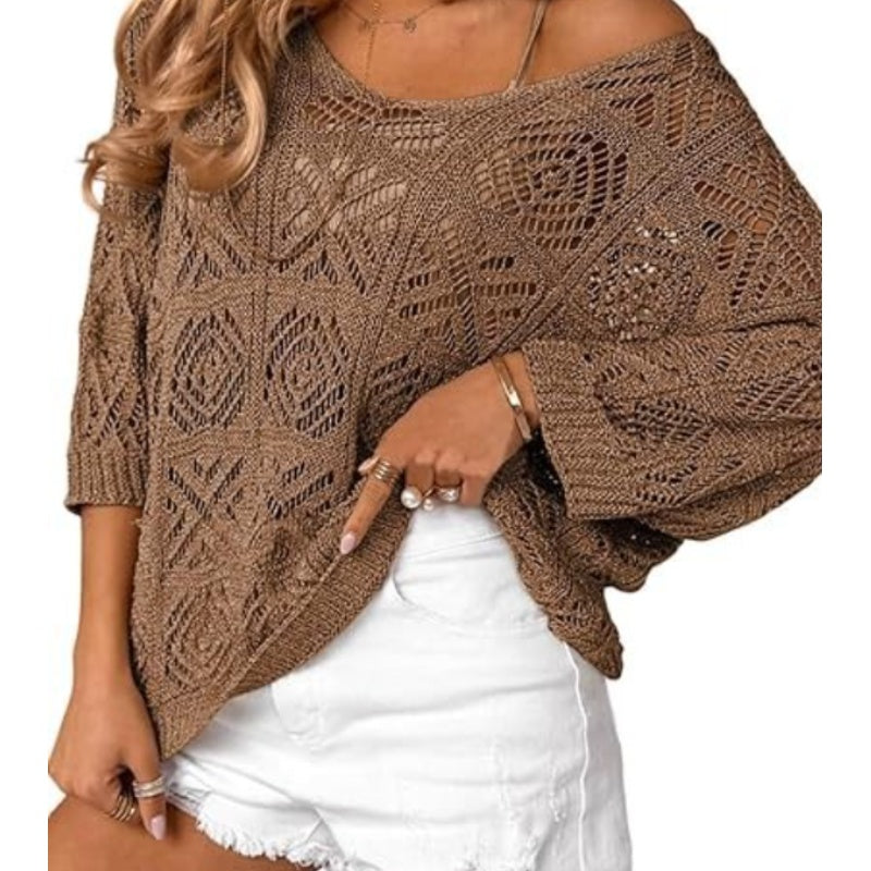 Damen Sommer Häkeln Durchbrochenes 3/4 Ärmel Pullover Strick Top