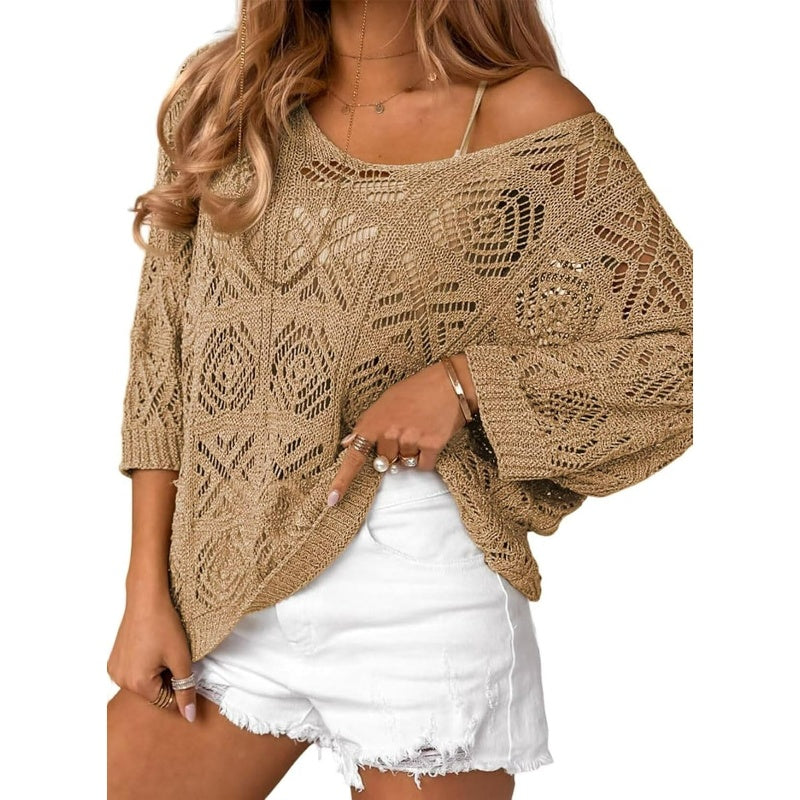 Damen Sommer Häkeln Durchbrochenes 3/4 Ärmel Pullover Strick Top