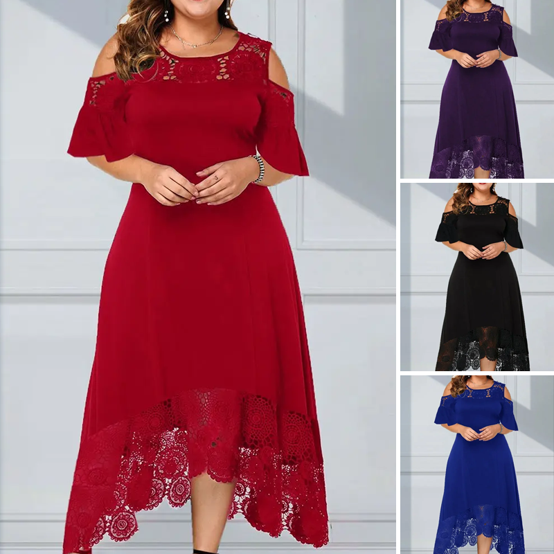 Damen elegantes schulterfreies Kleid mit Spitzensaum