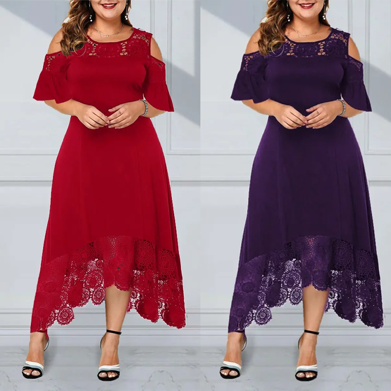 Damen elegantes schulterfreies Kleid mit Spitzensaum