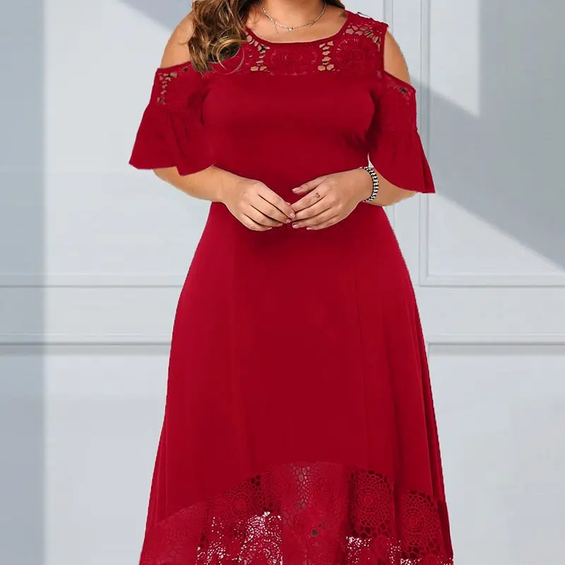 Damen elegantes schulterfreies Kleid mit Spitzensaum