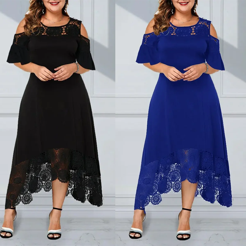 Damen elegantes schulterfreies Kleid mit Spitzensaum