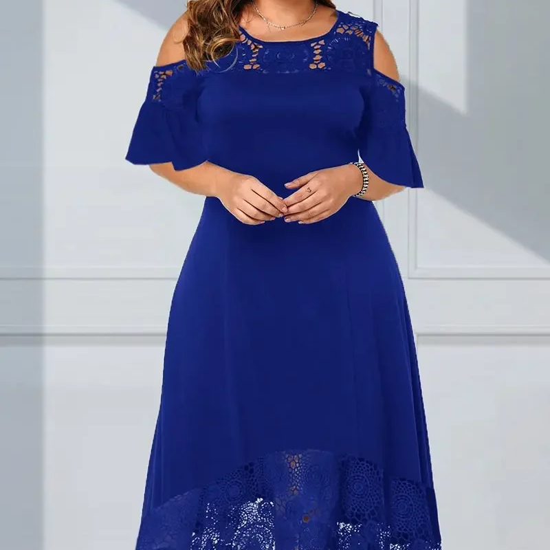 Damen elegantes schulterfreies Kleid mit Spitzensaum