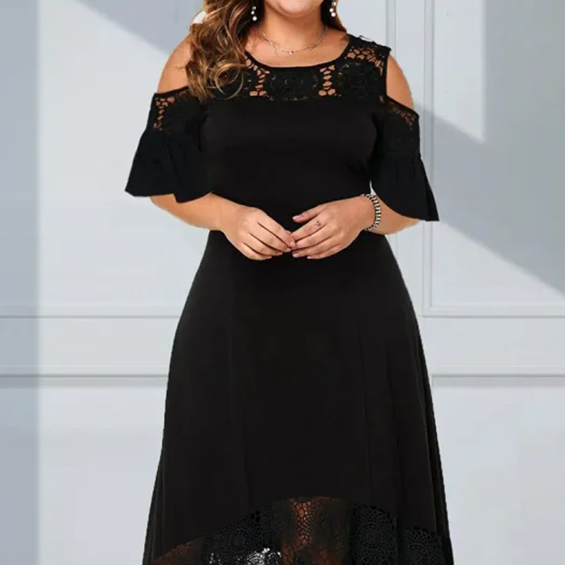 Damen elegantes schulterfreies Kleid mit Spitzensaum