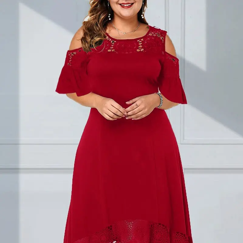 Damen elegantes schulterfreies Kleid mit Spitzensaum