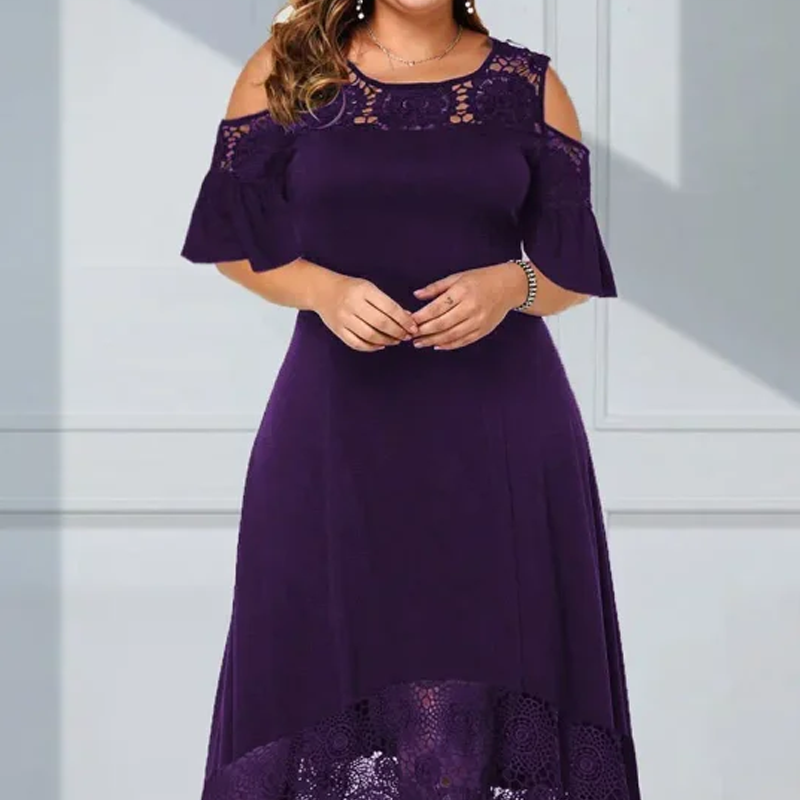 Damen elegantes schulterfreies Kleid mit Spitzensaum