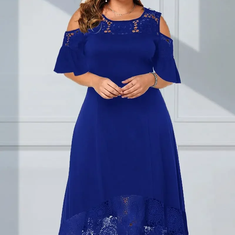 Damen elegantes schulterfreies Kleid mit Spitzensaum