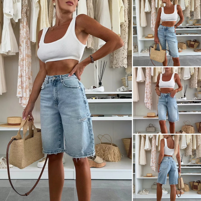 Retro-Jeans-Shorts in Midilänge mit Destroy-Effekten
