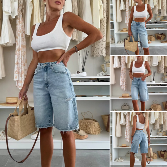 Retro-Jeans-Shorts in Midilänge mit Destroy-Effekten