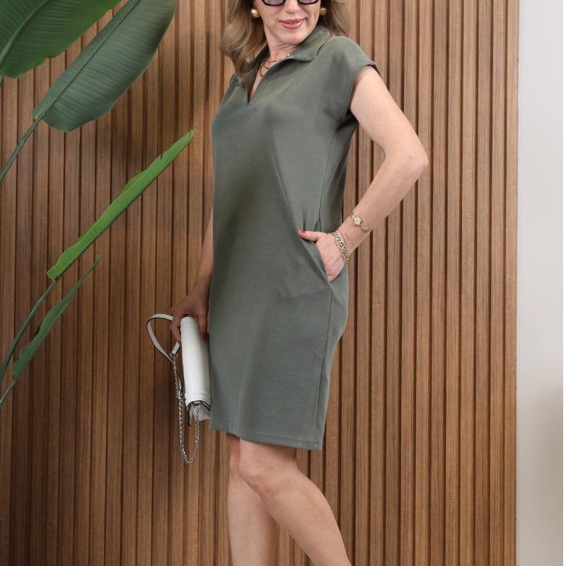 💕Damen Casual Solid Turn-Down Kragen Slight A-Linie Kleid