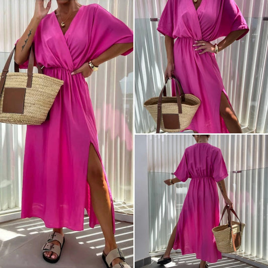 Damen lässiges einfarbiges Kleid mit V-Ausschnitt und Schlitz