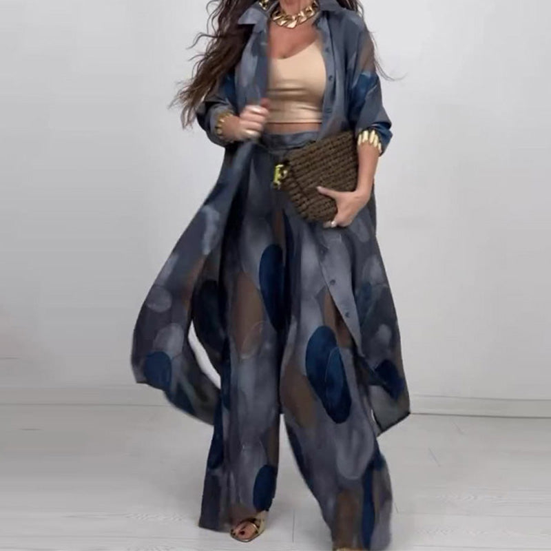 🌤️🌤️Modisches 2-teiliges Set mit Druck: Langarm-Bluse und Weitbeinhose