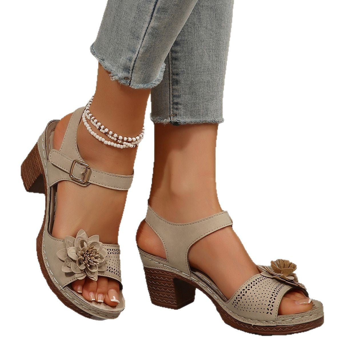 Damen-Sandalen mit Blumenmuster und offener Zehenpartie und dicker Sohle