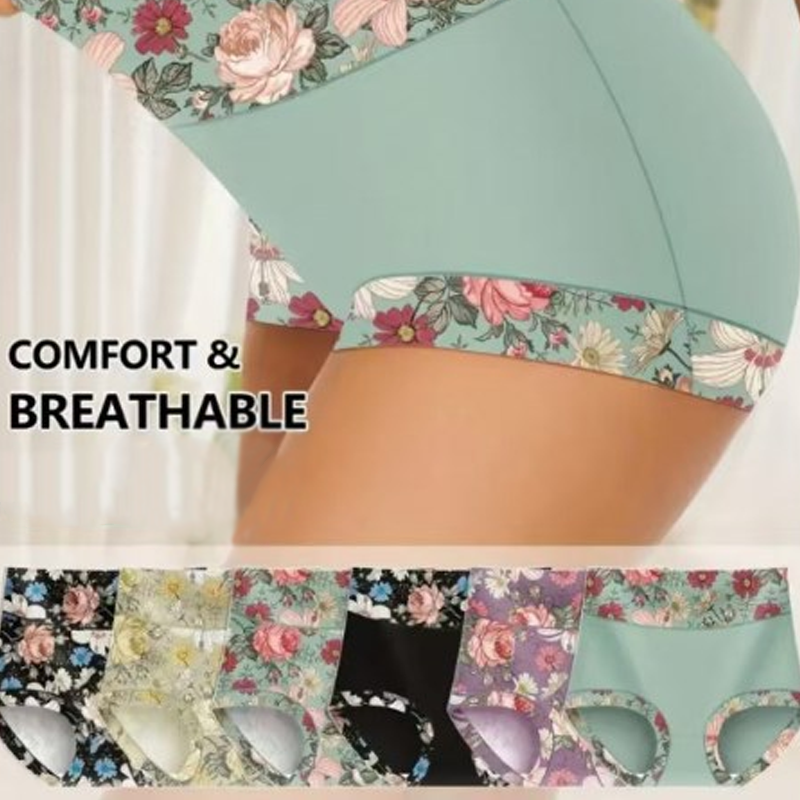 🌺 Damen High Waisted Baumwoll Slip Set – Blumenbedruckte Unterwäsche