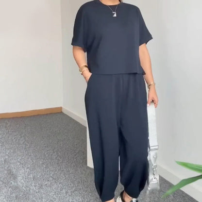 Damen lässiges zweiteiliges Set: Kurzarm-Oberteil und Hose