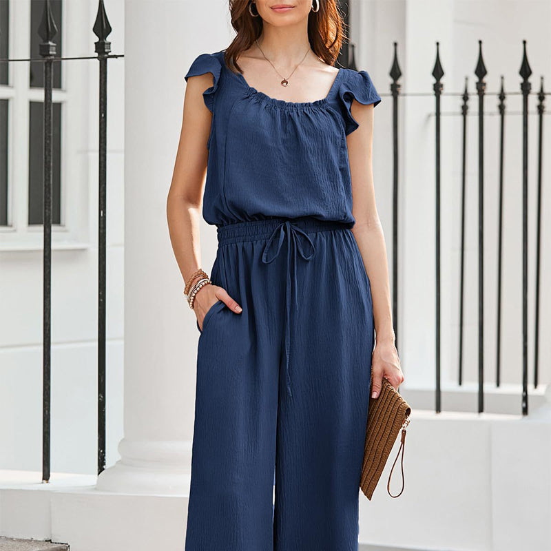 Einfarbiger, plissierter Jumpsuit mit quadratischem Ausschnitt für Damen