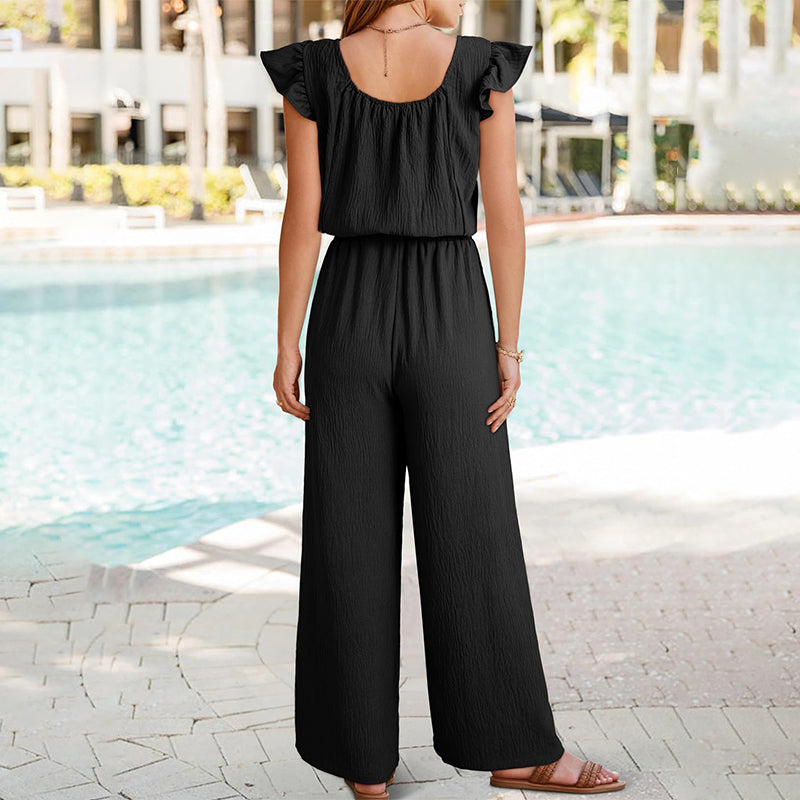Einfarbiger, plissierter Jumpsuit mit quadratischem Ausschnitt für Damen