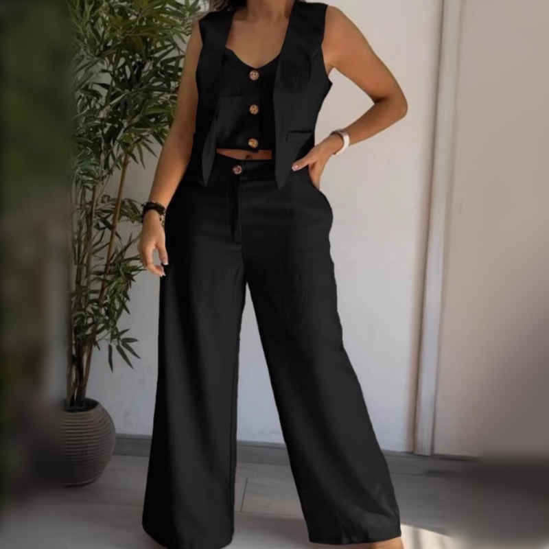 🔥Trendiger Damen-Zweiteiler: Ärmellose Weste in Layering-Optik & weite Hose